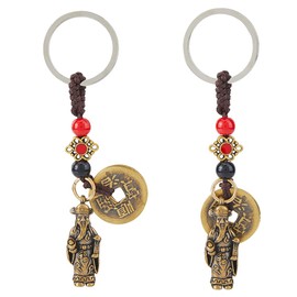 SUPERFINDINGS 2Pcs The God of Wealth Statue Keychain Fortune Pendant Keychains Feng Shui Coins Keyrings Alloy Mascot Keyrings With Circle Ring for Purse Car Keys Backpack