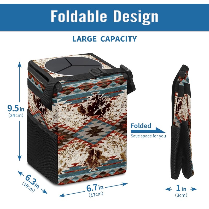 GACTIVITY Western Aztec Cow Print Collapsible Reusable Waterproof Car Trash