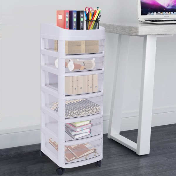 CNCEST 6 Drawer Plastic Storage and Organizer Cart, Rolling Cabinet