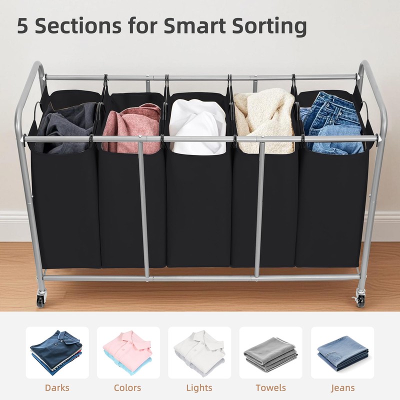 STORAGE MANIAC 5 Section Laundry Sorter, 5 Bins Rolling Separator