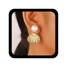 Cybche Vintage Pearl Ear Jacket Earrings Scallop Shell Earrings Gold Shell Pearl Earring Sea Scallop Earring Summer Beach Jewelry for Women