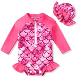 Infant Baby Girls One Piece Long Sleeve Swimsuit Mermaid Bathing Suit Zip Up Swimwear Beach Wear 6-12 Months Purple