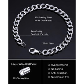 925 Sterling Silver Cuban Link Chain Bracelet for Women,Dainty White Gold Plated Hand Chain 5MM Hip Hop CZ Diamond Mens Bracelet for Jewelry Gifts (17cm, Cuban, Sliver)
