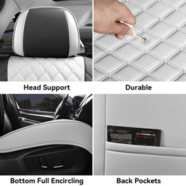 Sxikin Car Seat Covers Full Set, Luxury Leather Waterproof Non-Slip Seat Protector Universal Fit for Most Cars SUVs Trucks Pick-ups,White and Black Car Accessories Interior(Full Set White)