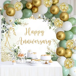 Withu Happy Anniversary Backdrop Sign Decorations Banner Sage Green Gold Photography Background Leaves Marriage Memorial 10 Years 25th 30th 40th 50th 60th Wedding Day Backdrops 6x4ft