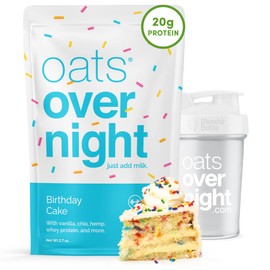 Oats Overnight - Birthday Cake - 20g Protein Breakfast Shake - Gluten Free, 5g Fiber, Non GMO Oatmeal (2.7 oz per meal) (8 Pack + BlenderBottle)