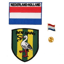 A-ONE 3-Piece Set - The Netherlands Den Haag Stork Shield Patch + Holland Flag Bag Badge Patch + Nerderland Flag Pin Hatch Ooievaar Patch Country Flag Lapel No. 143B