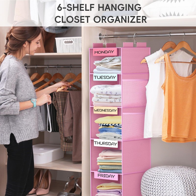 VERONLY Weekly Hanging Closet Organizer for Kids, 6-Shelf Clothes Storage