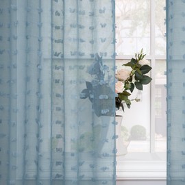 90 Inches Long 2 Panel Set for Living Room Pom Pom Pattern Farmhouse Boho Semi Sheer Rustic Country Window Drape Back Tab Home Fashion Light Blue Textured Curtain for Kids Bedroom 52x90 Pale Blue Grey