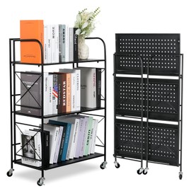 villertech Folding Shelf 3 Tier,Folding Bookshelf,Foldable Shelf,Metal Folding Storage Shelves with Wheels,Folding Shelf Unit for Living Room,Kitchen,Study, 12.6" D x 23.6" W x 33.8" H, Matte Black