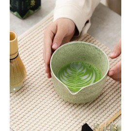 Matcha Whisk Set, Japanese Tea Set Includes Matcha Bowl with Spout, Matcha Whisk Holder, Bamboo Tea Whisk and Bamboo Scoop, Mottled Tea Green Glaze Ceramic Tea Kit for Tea Lovers (Green 7pcs)