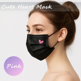 50 Pack Black Disposable Face Masks for Adults - Cute Heart Print 3-Ply Breathable Earloop Full Face Protection (Pink Heart)