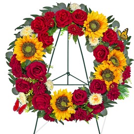AILVEMEE Cemetery Wreaths for Graves,Spring Wreath for Cemetery,Memorial Day Grave Wreath,Headstone Wreaths on Metal Stand, Artificial Flower Wreath:Red Rose Sunflower Berries