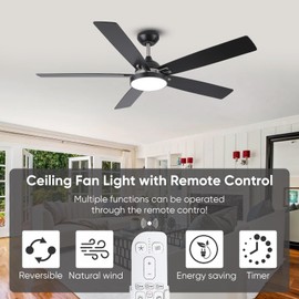 XCWIIE Modern Black ABS Ceiling Fan with Light Wet-Rated Outdoor Ceiling Fan for Patio 60 Inch Large Ceiling Fan with Reversible DC Motor, 5 Blades Ceiling Fan for Bedroom Living Room Porch