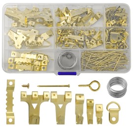 Hevysuo Pack of 220 Picture Hooks Picture Hanger Set, Metal Picture Frame Sorting Hooks, Triangle Ring Frame Hanger Hooks for Home, Office, Photo Picture, Painting, Hanging, Picture Mounting, Gold