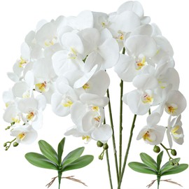 FagusHome 32" Artificial Phalaenopsis Flowers 4 Pcs with 2 Bundles Leaves Artificial Orchid Flowers Stem Plants for Home Décor (White)