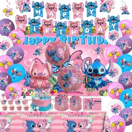 Pink Cartoon Themed Birthday Party Decorations Set - Includes Banner, Foil Balloons, Printed Balloons, Tableware, Napkins - Kids Party Supplies