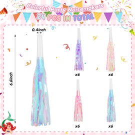 Motionchic 24 Pcs Mermaid Party Blowers Noise Makers Glitter Metallic Fringed Party Horns for Kids Girl Mermaid Party Favor Birthday Decorations (Pink, Purple, Blue, White)
