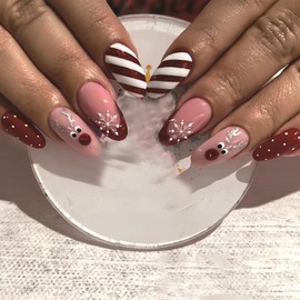Red French Tip Press on Nails Short Oval Fake Nails with Elk Snowflake Design Glossy False Nails Red White Stripes Acrylic Nails Full Cover Stick on Nails Christmas Nails for Women Girls 24 Pcs