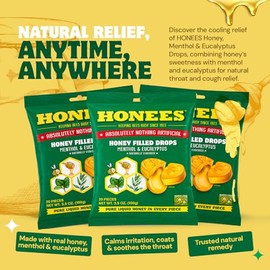 Honees Filled Menthol Cough Drops, Honey, Menthol & Eucalyptus Cough Drops- Natural Sore Throat Relief - Nothing Artificial -Throat Lozenges, Non-GMO (5 Pack - 100 Drops)