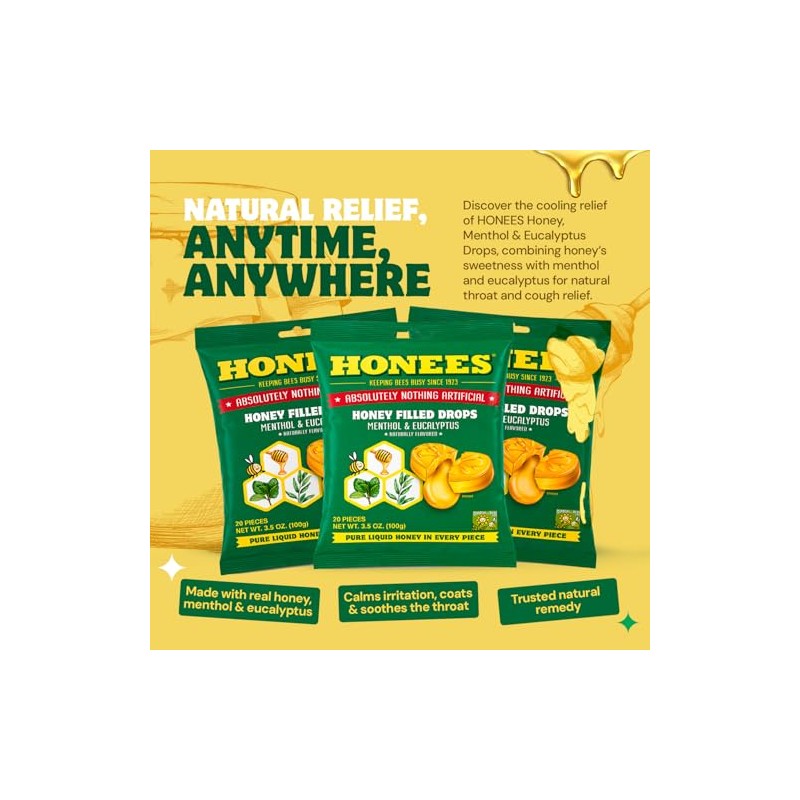 Honees Filled Menthol Cough Drops, Honey, Menthol & Eucalyptus Cough