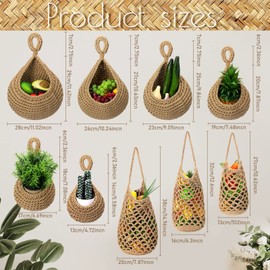 9 Pcs Jute Fruit Hanging Baskets for Kitchen, Boho Woven Wall Baskets, Produce Storage for Garlic Onion Potato Banana, Space Saving Farmhouse Kitchen Decor (Brown)(Brown)