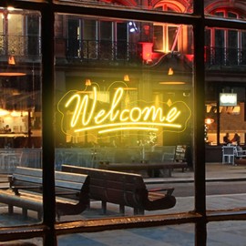 Welcome Neon Sign LED Neon Light for Business Light up Business Sign for Storefront Window Glass Shop Florists Bar Salon Cafes Restaurant Pubs, Housewarming Birthday Party Gifts(16'', Warm White)