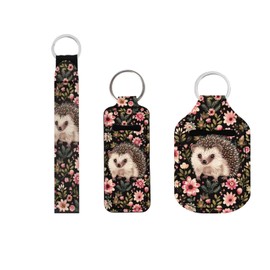 Suobstales 3Pcs Travel Bottles Keychain Holder Set,Travel Bottle Sleeves+Neoprene Chapstick Holders+Lanyard Keychain, Hedgehog Flower, One Size