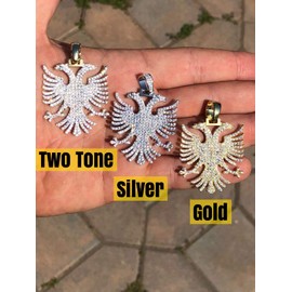 Solid 925 Sterling Silver Albanian Two Headed Eagle Pendant 2" Men's Iced Out Kosova Serbia Double Headed Necklace (Natural Silver)