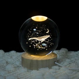 WEENEO 3D Whale Crystal Ball Night Light,3.15 Inch Glass Ball Figurine Lamp with Wooden Base,USB Powered,Unique Moon and Star Decorative Crystal Balls for Children,Birthday Kids Gifts