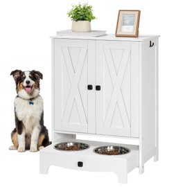 HOOBRO Dog Feeding Station with Storage and Hooks, Dog Food Storage Cabinet with Feeding Bowls, Pet Feeding Station with Sliding Drawer and 2 Hidden Bowls for Dog & Cat, White WT12PO03G1