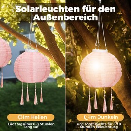 OVITEC Solar Lanterns, Boho Style, Set of 3, Red, Pink, White, Party Decoration, Vintage Style, Outdoor Weatherproof Lanterns, Fairy Lights for Garden or Balcony Decoration, Diameter Approx. 20 cm,