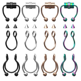 Yolev Pack of 12 Fake Septum Piercing Magnetic Piercing Horseshoe Fake Nose Ring Lip Piercing Ring Hoop Stainless Steel Inlaid Jewellery Horseshoe Fake Nose Ring Women, Stainless Steel