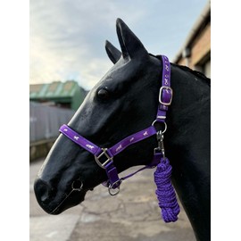 Horse Headcollar and Lead Rope Set, Pink with Horse Print Pattern, Padded Nubuck (Purple, Pony)