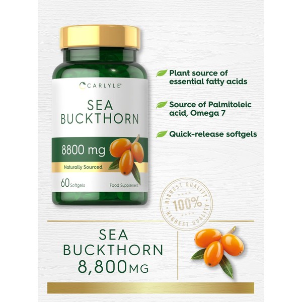 Sea Buckthorn Oil Capsules | 8800mg | 60 Count | Naturally Rich in Omega 3 6 7 and 9 Fatty Acids | Optimal Eye and Skin Health | No Artificial Preservatives | by Carlyle