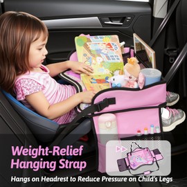 OUOZZZ Kids Travel Tray for Car - Girl's Safety Seat Table, Toddler Road Trip Essentials - Carseat/Airplane Lap Desk with Weight-Relief Strap, Non-Skid Silicone Base, Waterproof Dining/Craft Mat