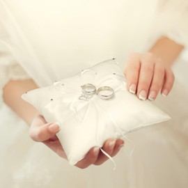 Greensen Wedding Ring Cushion with Bow Spots, Double Hearts, Diamonds, Wedding Ring Cushion, 20 x 20 cm (White)