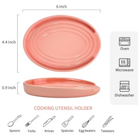 LIHOOOOM Ceramic Spoon Rest for Kitchen Counter, 6" Modern Pink Spoon Holder for Stove Top, Heavy Duty Porcelain Ladle Tray, Farmhouse Decor, Dishwasher Safe