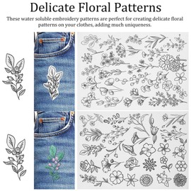 COHEALI Water Soluble Embroidery Stabilizers: 2 Sheets Stick and Stitch Embroidery Paper with Pre-Printed Flowers and Leaves Pattern Transfers for Hand Sewing Lover Beginners