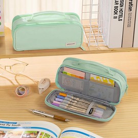 MAMUNU Pencil Case Large Capacity with Compartments Handle, Portable Pencil Case Pouch Pen Bag Stationery Storage Organizer for Girls Boys Women Men Teens School Office College Students, Green