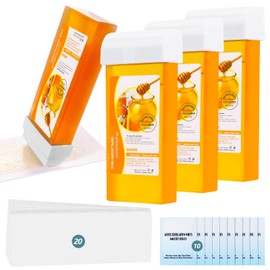 Honey Roll On Wax Kit: 4 Pack Honey Wax Roller Refill for Body Hair Removal - Including 10pcs cleaning wipes & 20pcs wax strips