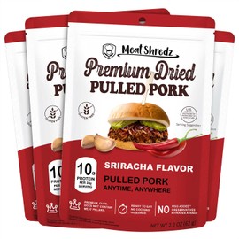 Meat Shredz - Premium Dried Pulled Pork (Sriracha Flavor, 4 Pack) | Gluten Free | High Protein & Low Sugar | Bacon Bits | Dehydrated Backpacking & Camping Food | Shredded, Dried Jerky Chew Snack