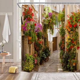 GCTNBJL Italian Shower Curtain European Garden Greece Scene Tuscany Vintage Street Floral Plant Mediterranean Brown Green Bathroom Home Curtain with Hooks,70" Wx70 H