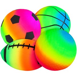 Hxezoc 4 Pack Sports Balls Set 6 Inch Inflatable Vinyl Balls with Added Hand Air Pump, Neon Basketball, Soccer, Volleyball and Football for Kids and Toddlers Playground Indoor and Outdoor Use