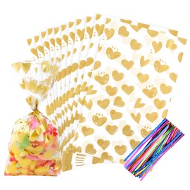 COQOFA 100Pcs 5X11IN Gold Heart Cello Cellophane Treat Bags Gift Bags Party Favor Bags Clear Candy Cookie Bags Plastic Poly Goodie Storage Bags with Twist Ties for Baby Shower,Valentine,Birthday,