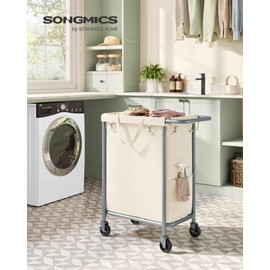 SONGMICS Laundry Basket with Wheels, 2-Section Rolling Laundry Hamper, 37 Gallons (140 L), Removable Liner, Steel Frame with Handle, 27.2 x 15.4 x 31.9 Inches, Cream White URLS004W01