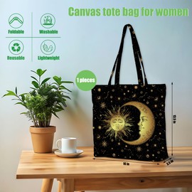 Sun and Moon Mystic Canvas Tote Bag Boho Aesthetic Canvas Bag with Pocket for Shopping Work Gym Large Reusable Grocery Bags Astrology Gifts for Women Girls Coworker Appreciation Birthday Christmas