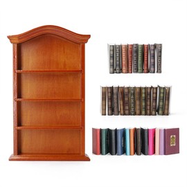 Odoria 1/12 Scale Miniature Wooden Shelf Mini Bookshelf Bookcase with Assorted Books 42Pcs Miniatures Library Props Dollhouse Furniture Accessories Doll House Accessory, Brown