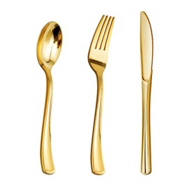 Goodluck 150PCS Gold Plastic Silverware, Gold Utensils Disposable, Plastic Cutlery Set of 50 Forks, 50 Spoons, 50 Knives for Wedding, Party, Birthday, Holidays