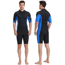 Hevto Men Shorty Wetsuits 3/2mm Neoprene Surfing Swimming SUP Diving Wet Suit Back Zip Keep Warm for Water Sports (M01S-Blue, XXL)